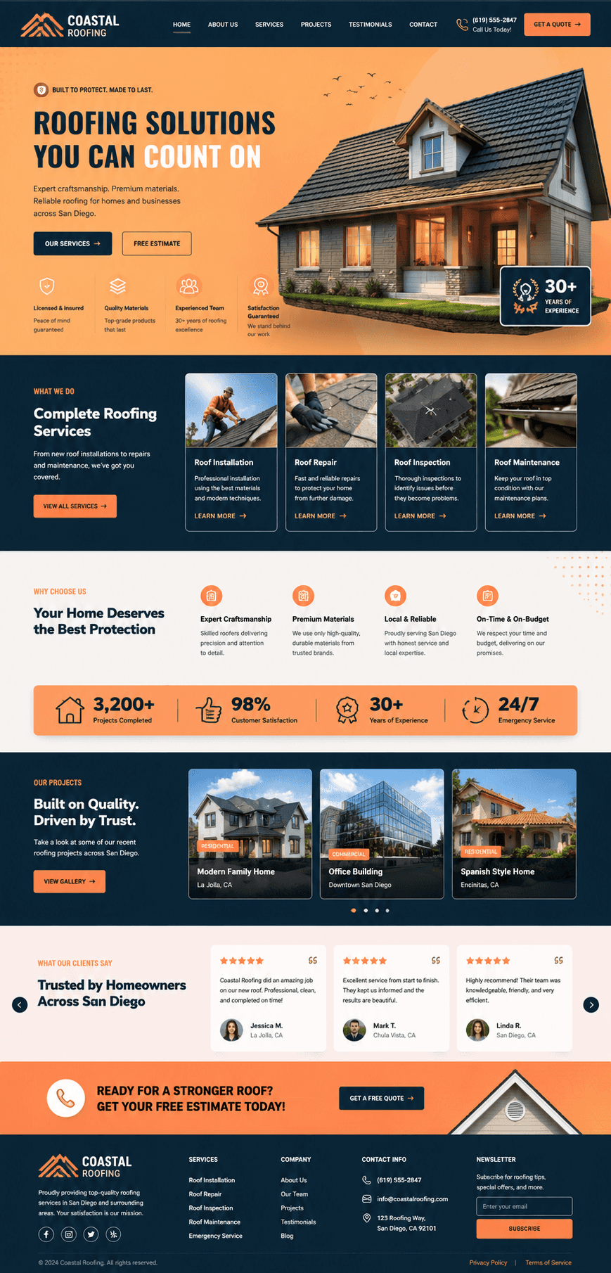Design concept, not a client site: Roofing Company website with the made-up name "Coastal Roofing"