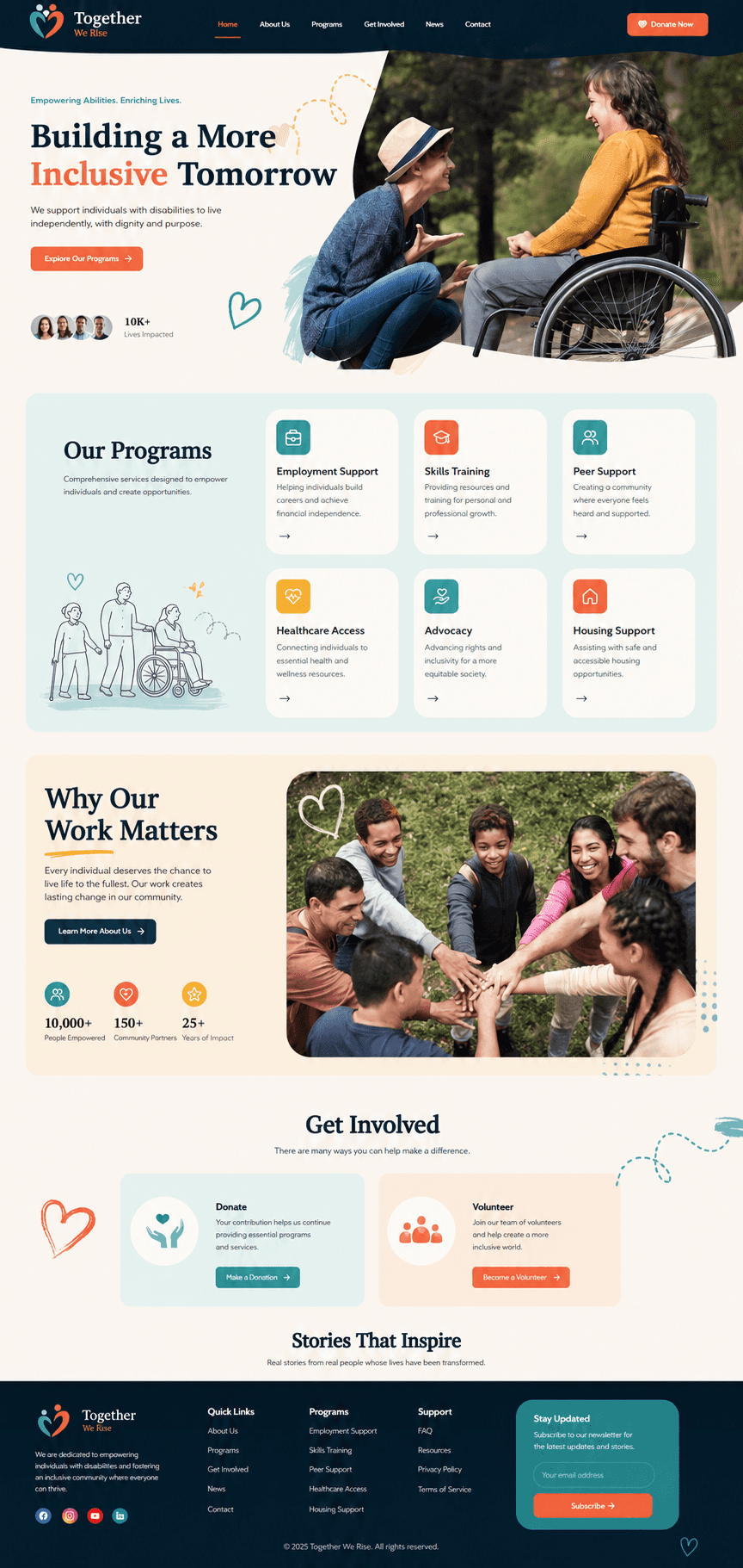 Design concept, not a client site: Disability Support Nonprofit website with the made-up name "Together We Rise"