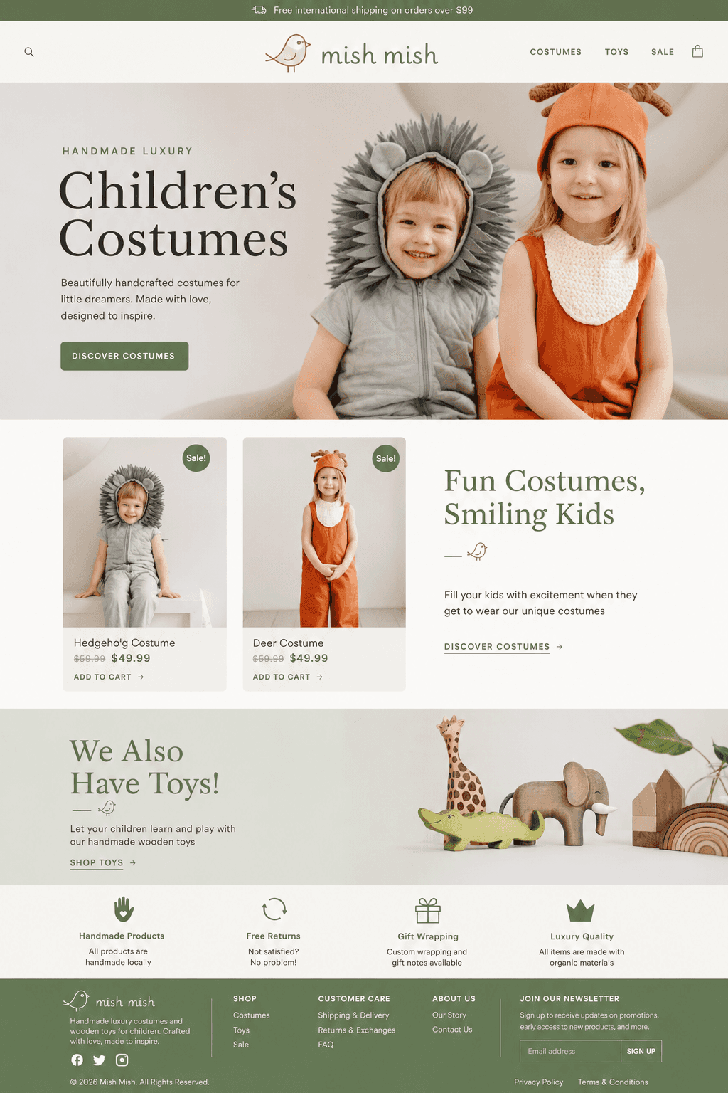 Design concept, not a client site: Children's Costume Shop website with the made-up name "mish mish"