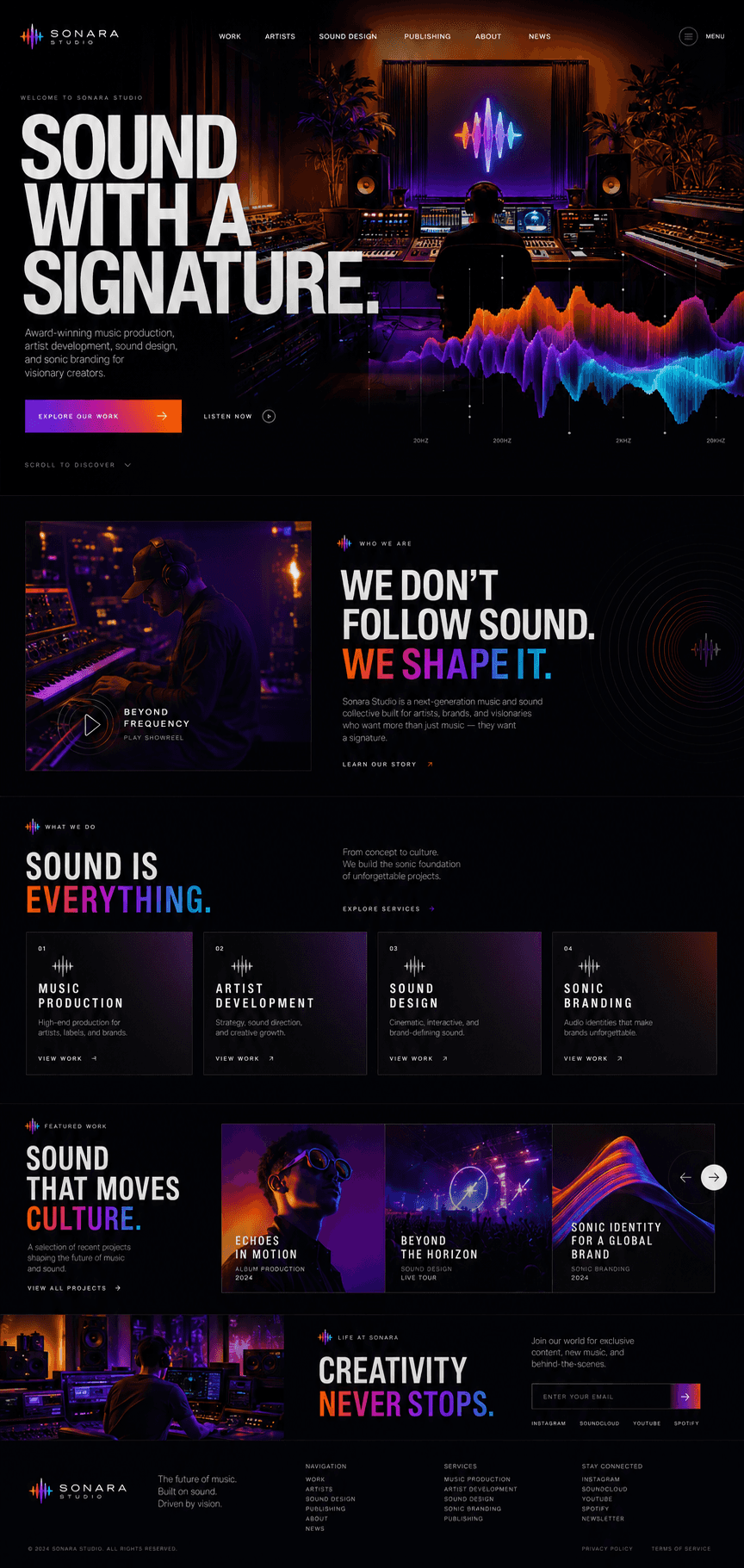 Design concept, not a client site: Music Studio website with the made-up name "Sonara Studio"