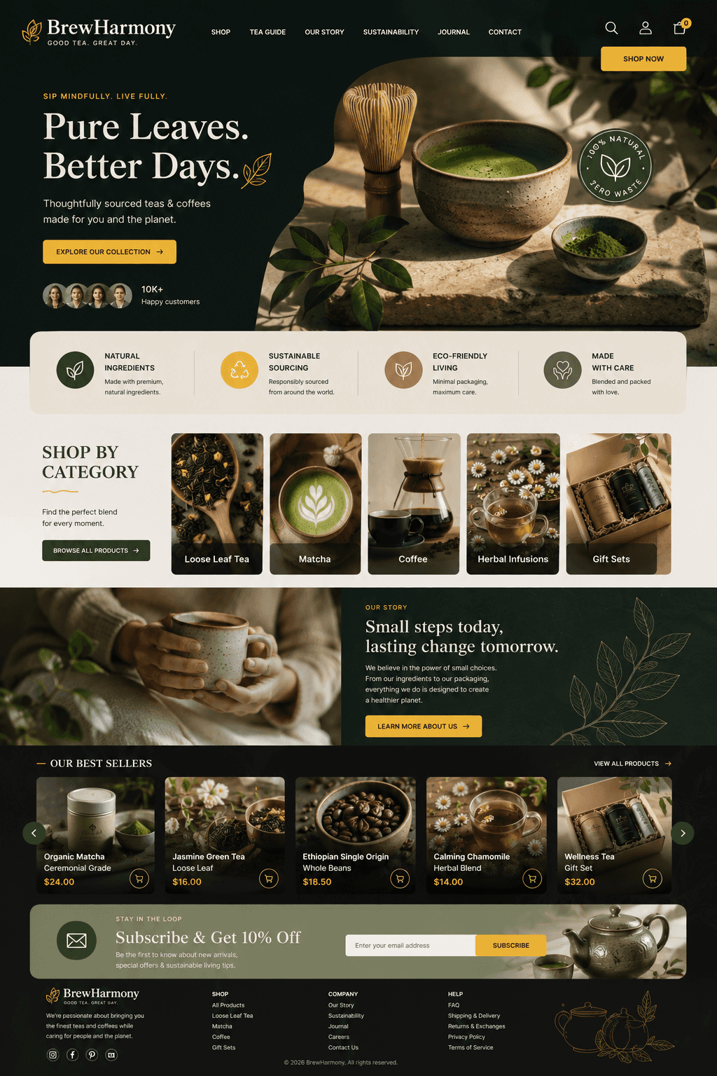 Design concept, not a client site: Tea Shop website with the made-up name "BrewHarmony"