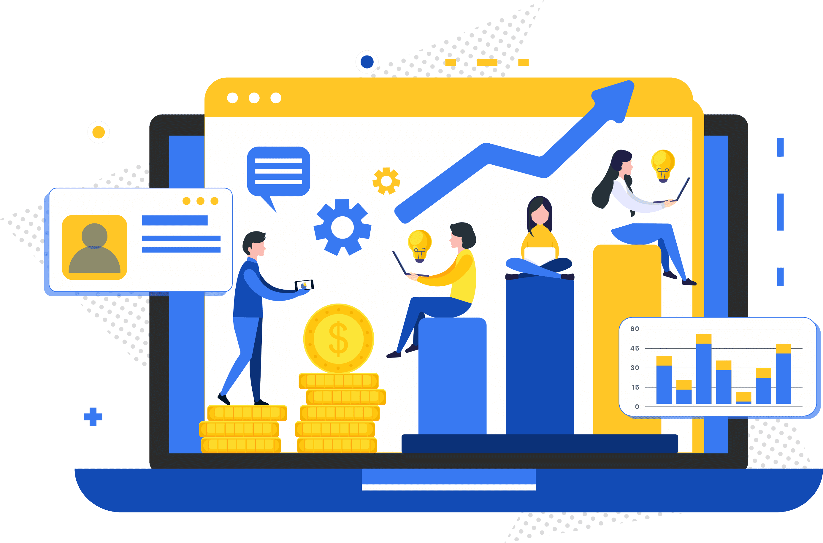 Illustration of people around a laptop with rising charts and stacks of coins
