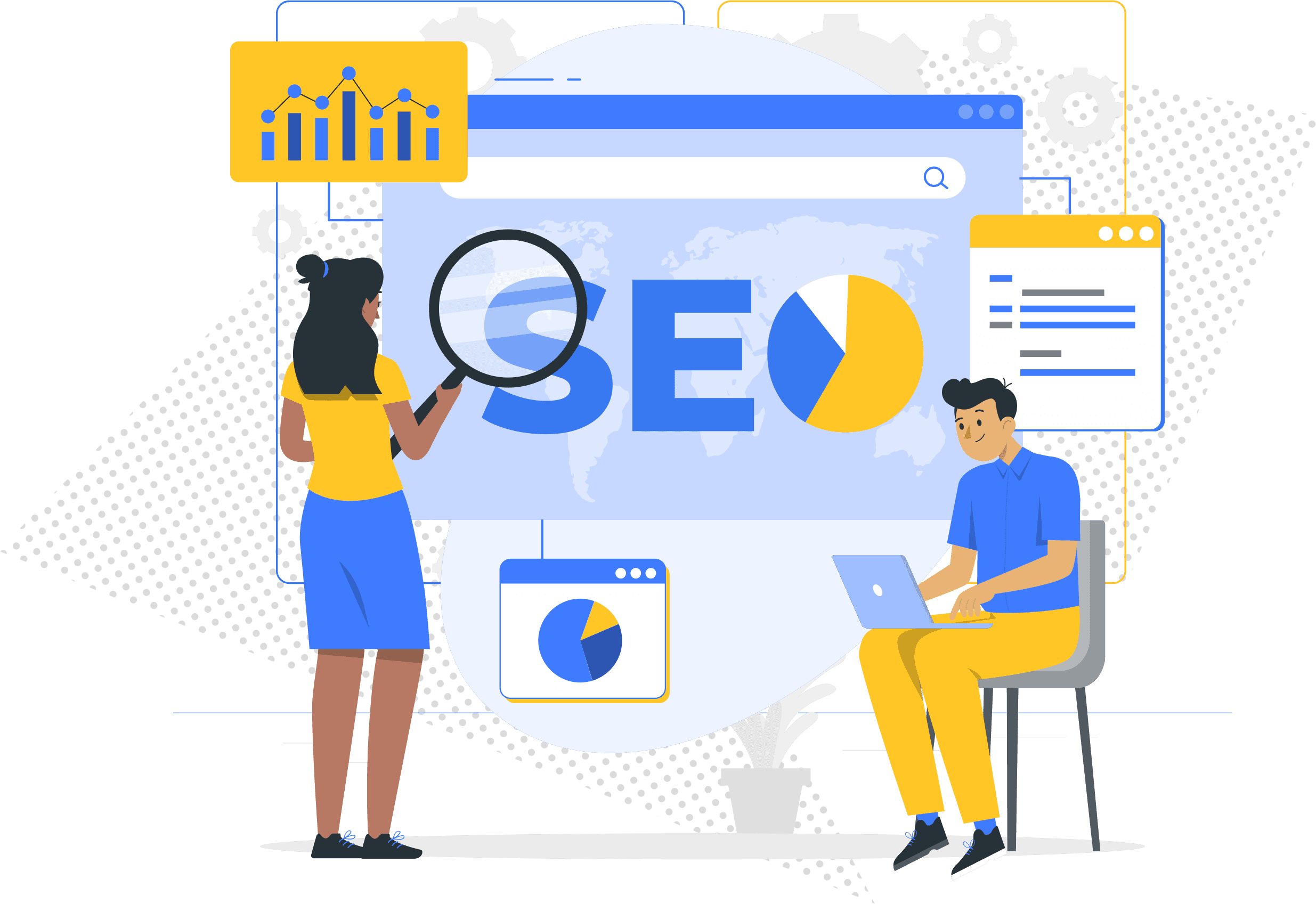 Illustration of two people studying SEO charts with a magnifying glass