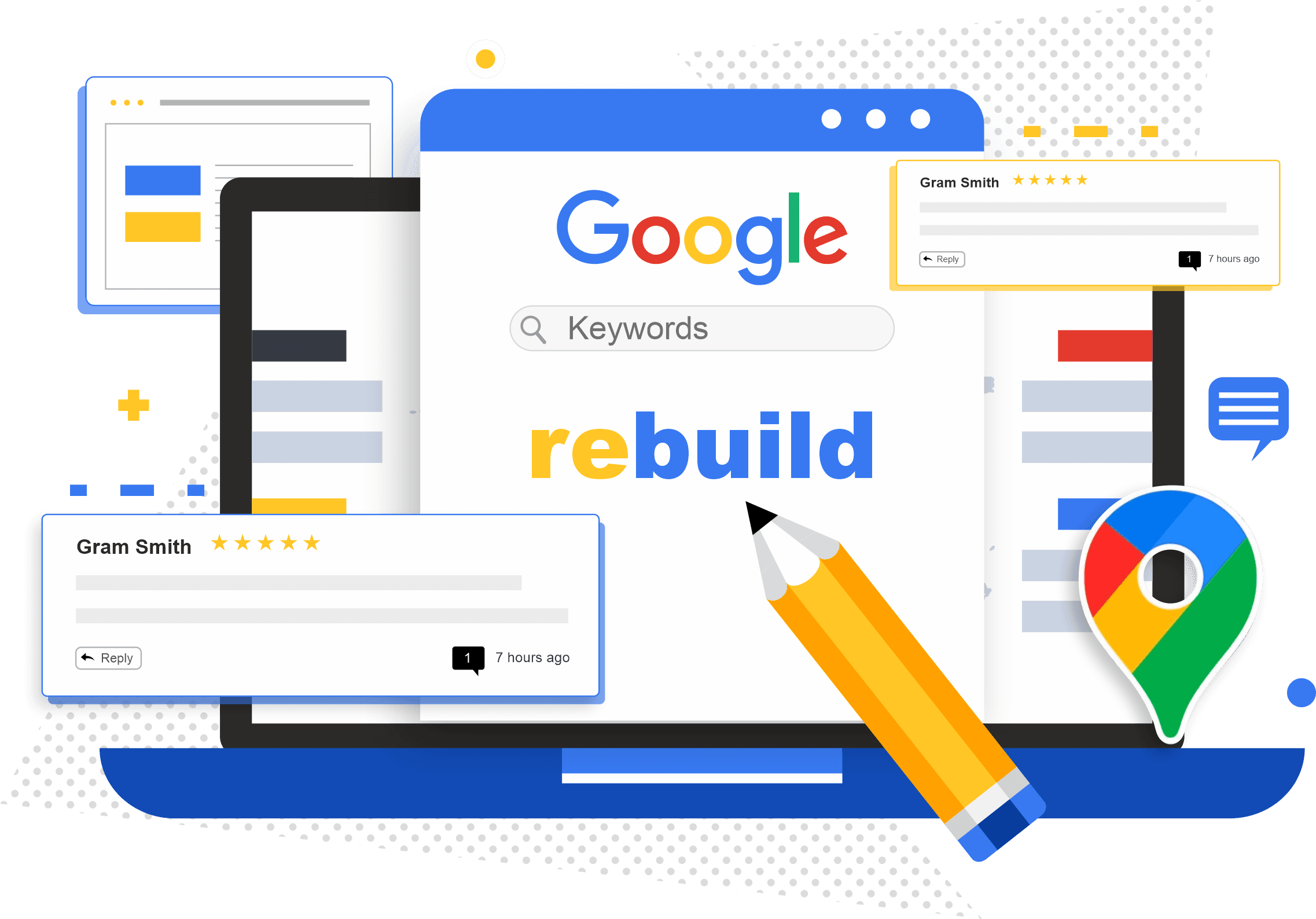 Illustration of a Google results page being rebuilt, with a map pin and a pencil
