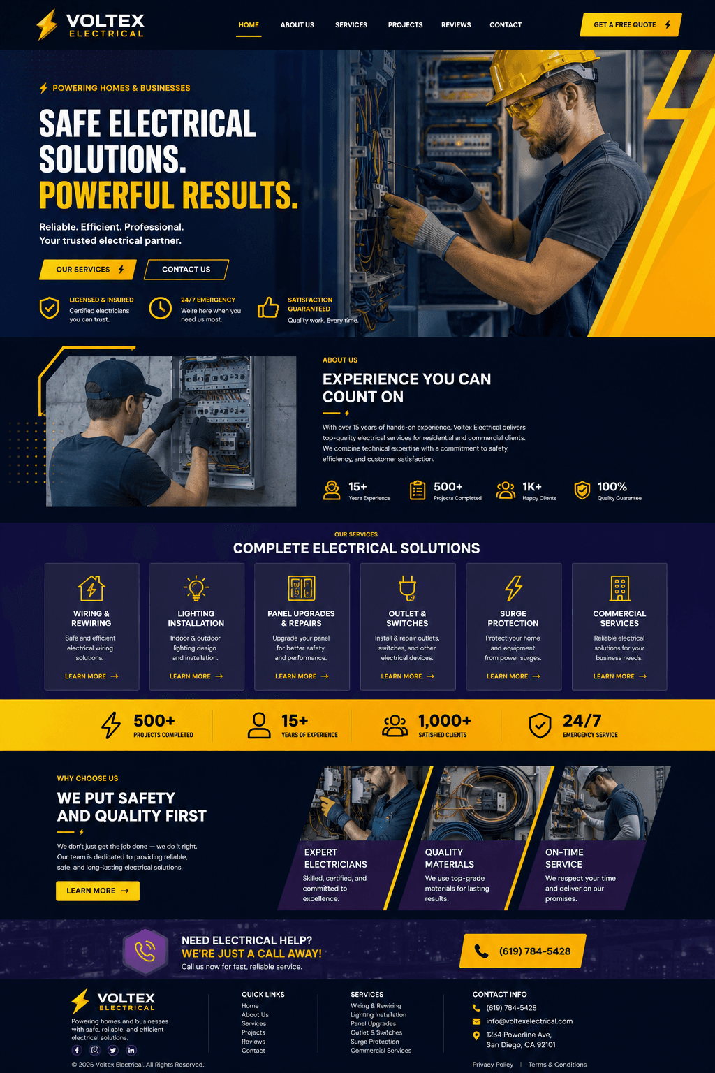 Website design concept (not a client site) for an electrical contractor: an electrician working at an open panel, in navy and yellow