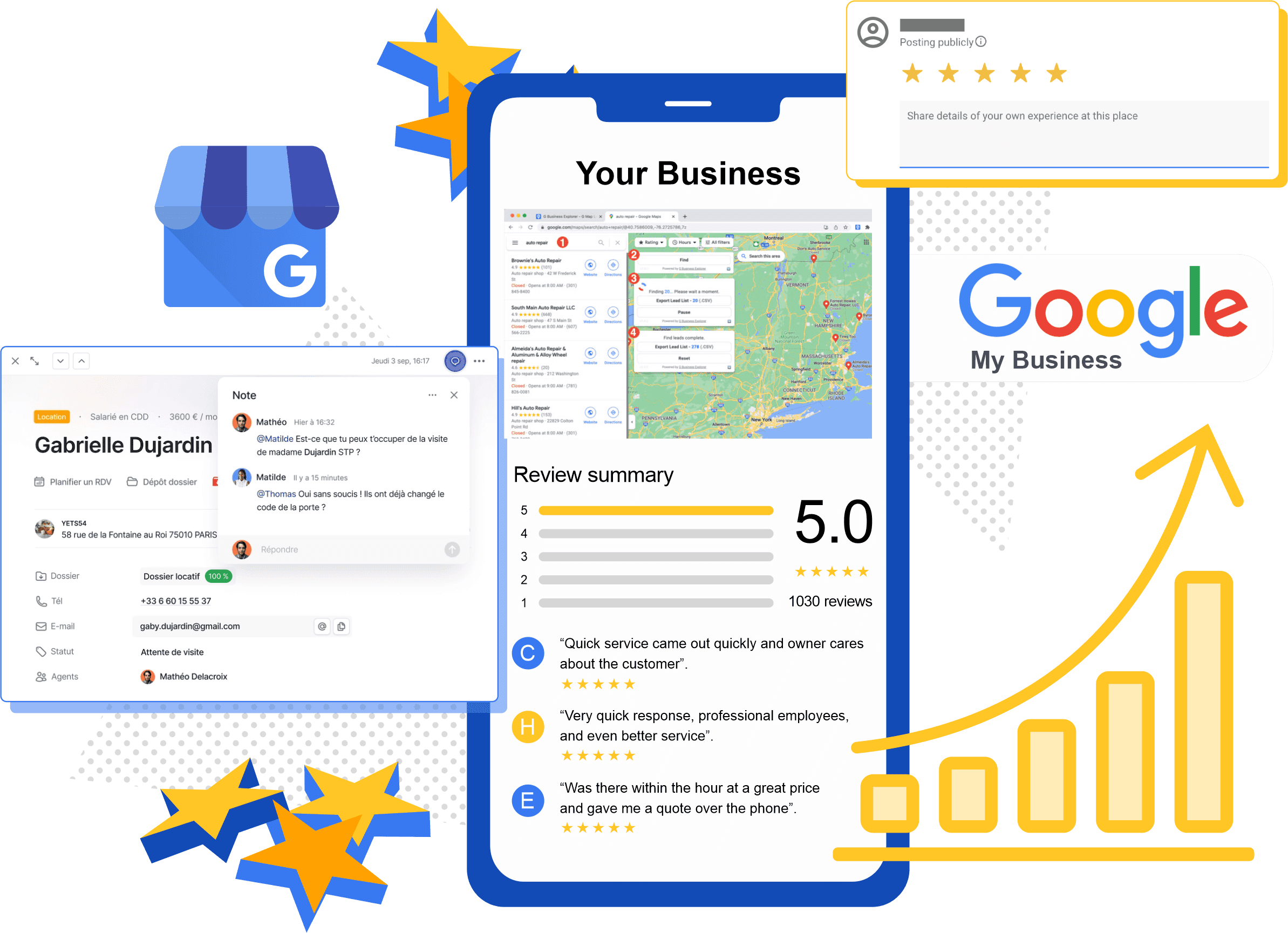 Illustration of a Google Business Profile review summary with a 5.0 rating and a rising chart