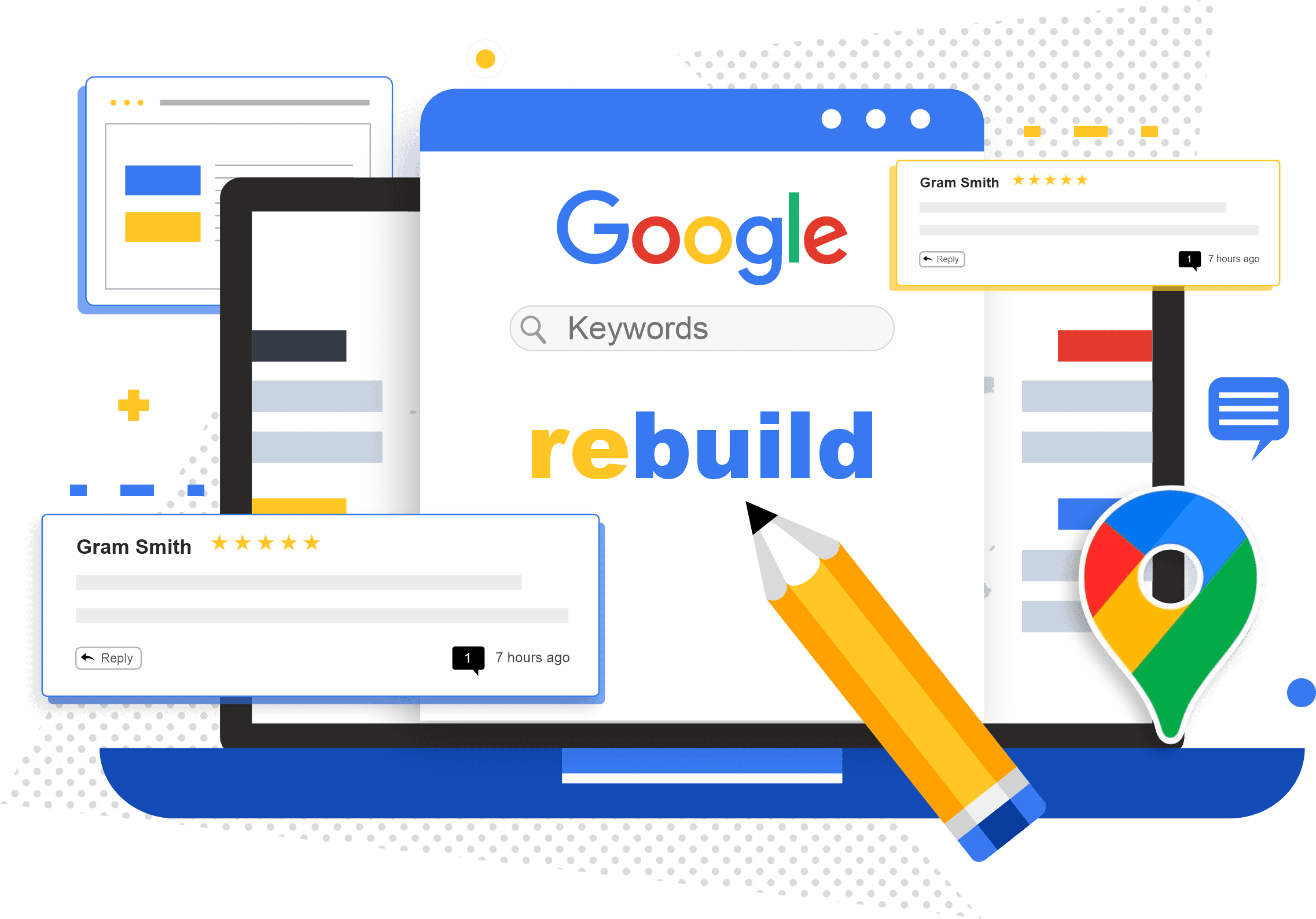 Illustration of a Google results page being rebuilt, with a map pin and a pencil